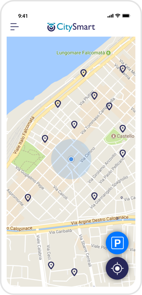 Schermata che mostra la home dell'app Citysmart