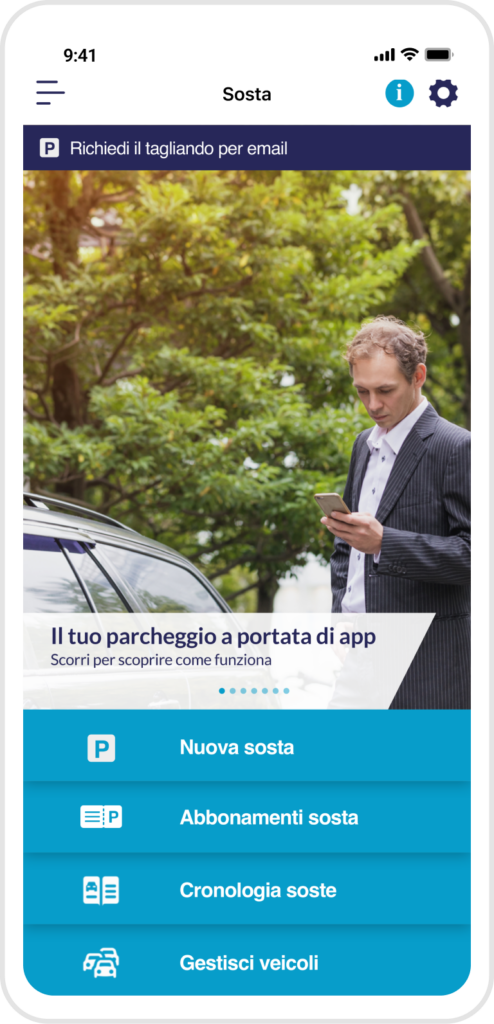 Schermata che mostra le opzioni per la sosta dell'app CitySmart