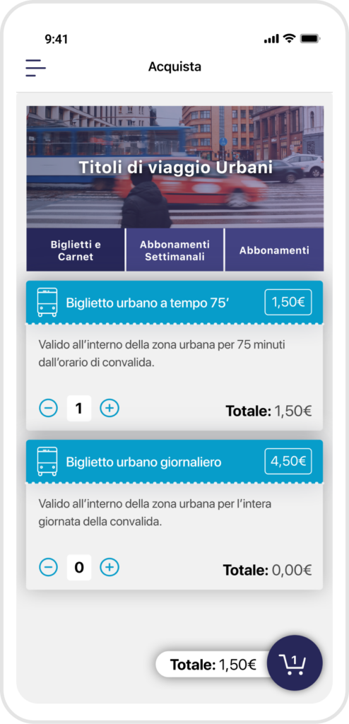 Schermata che mostra l'acquisto dei titoli di viaggio dell'app CitySmart