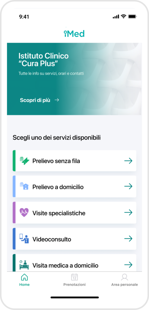 Schermo di smartphone che mostra la home dell'app pazienti iMed